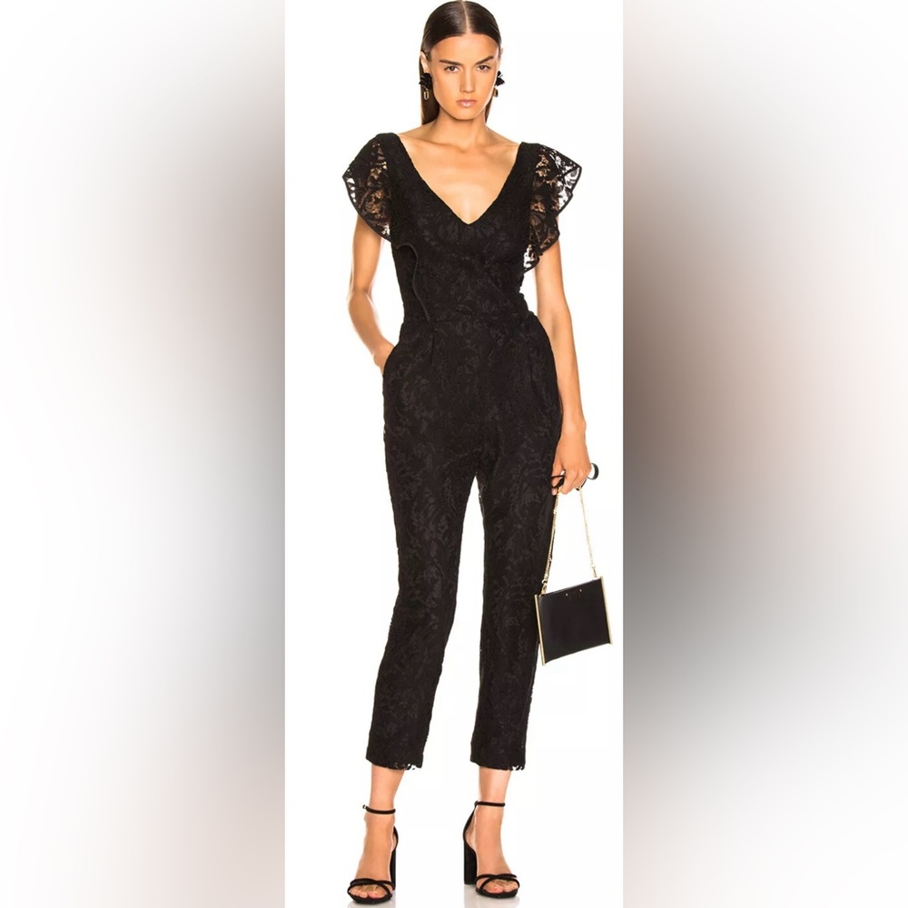 ENZA COSTA size 0 Sleeveless Floral Lace Ruffle Side Slit Jumpsuit Black
